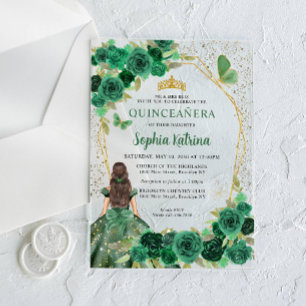 Smaragdgrünes Gold Blumenprinzessin Quinceañera Acryleinladungen