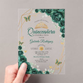 Smaragdgrünes Gold Floral Quinceanera 01 Acryleinladungen (Insitu (Handheld))