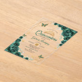 Smaragdgrünes Gold Floral Quinceanera 01 Acryleinladungen (Ablage )