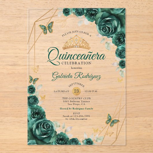 Smaragdgrünes Gold Floral Quinceanera 01 Acryleinladungen (Vorderseite)