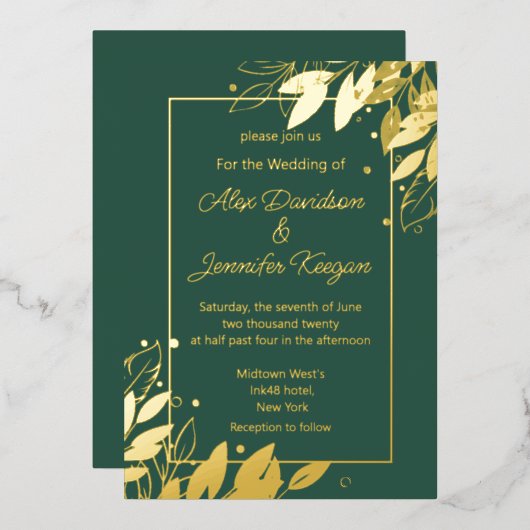 smaragdgrünes Gold verlasse botanische Chic-Hochze Folieneinladung (Vorderseite/Rückseite)