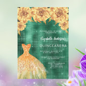 Smaragdgrünes goldenes Kleid florale Quinceanera L Einladung