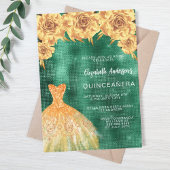 Smaragdgrünes goldenes Kleid florale Quinceanera L Einladung