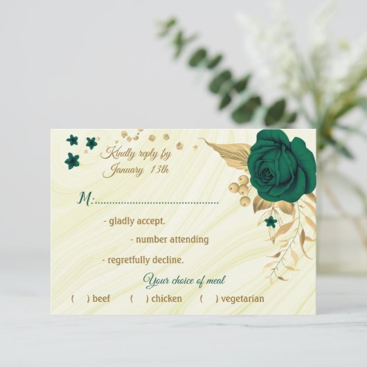 smaragdgrünes goldfarbenes Marmorgericht RSVP Karte (Stehend Vorderseite)