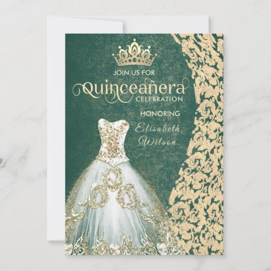 Smaragdgrünes Goldkleid Damask tiara Quinceañera Einladung (Vorderseite)