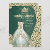 Smaragdgrünes Goldkleid Damask tiara Quinceañera Einladung (Vorne/Hinten)