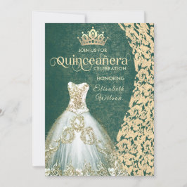 Smaragdgrünes Goldkleid Damask tiara Quinceañera Einladung