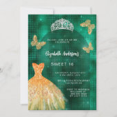 Smaragdgrünes Goldkleid Tiara Luxus Sweet 16 Einladung (Vorderseite)
