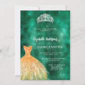 Smaragdgrünes Goldkleid tiara Quinceanera Einladung (Vorderseite)