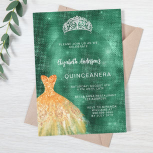 Smaragdgrünes Goldkleid tiara Quinceanera Einladung