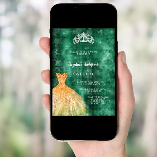 Smaragdgrünes Goldkleid Tiara Sweet 16 Einladung