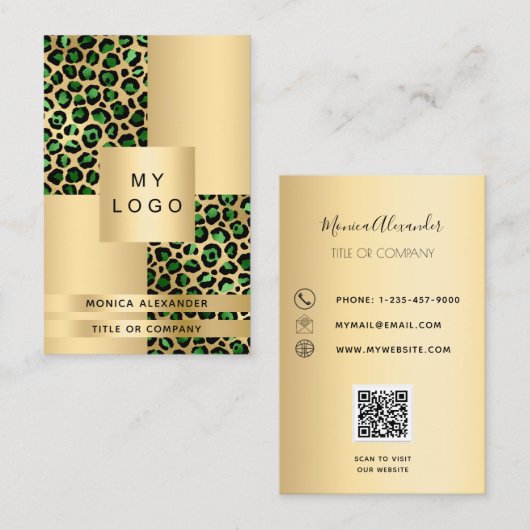 Smaragdgrünes Goldleopard-Logo QR-Code Visitenkarte (Vorne/Hinten)