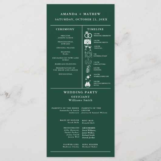 Smaragdgrünes Hochzeitsinfografik-Programm (Vorderseite)