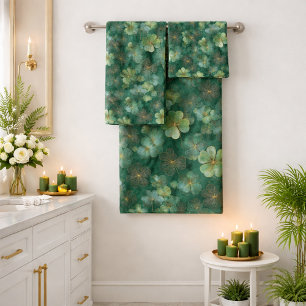 Smaragdgrünes Kleeblatt-Blumenmuster Badhandtuch Set