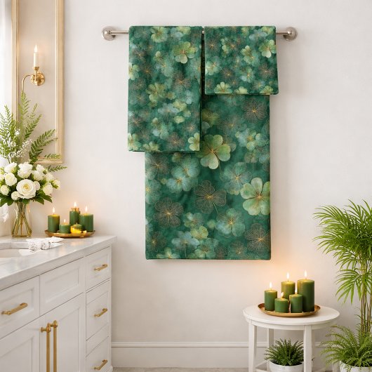Smaragdgrünes Kleeblatt-Blumenmuster Badhandtuch Set