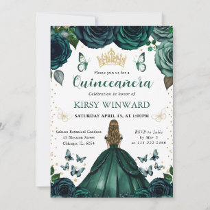 Smaragdgrünes Kleid Blonde Prinzessin Quinceanera Einladung