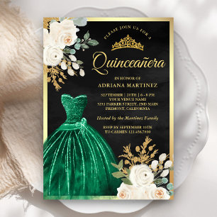 Smaragdgrünes Kleid Floral Schwarz Gold Quinceaner Einladung
