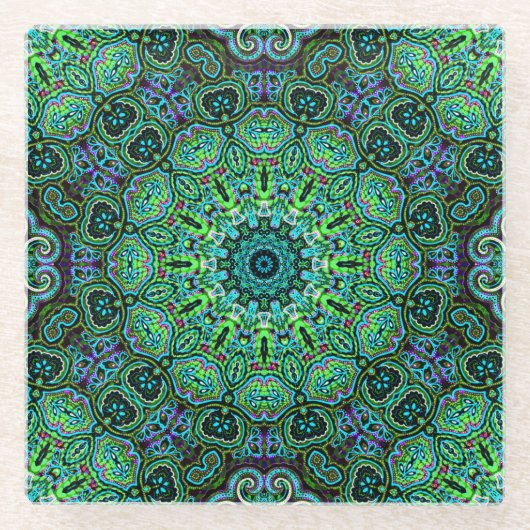 Smaragdgrünes Mandala-Design Glasuntersetzer (Vorderseite)