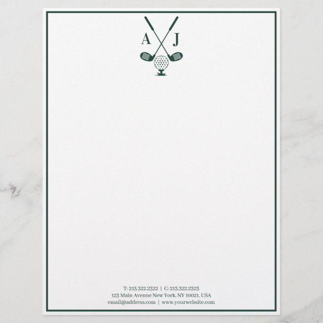 Smaragdgrünes Monogramm Golf Briefbogen (Vorderseite)