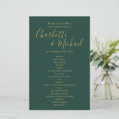 Smaragdgrünes und goldenes Skript-Hochzeitsprogram (Stehend Vorderseite)