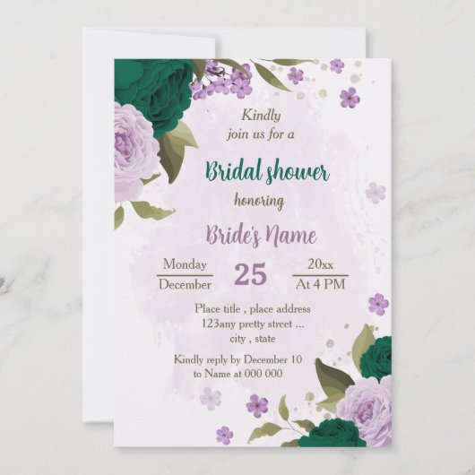 smaragdgrünes violettes Brautparty Einladung (Vorderseite)