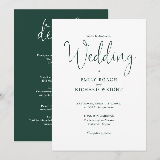 Smarald Green All in one elegante Script Wedding Einladung (Vorne/Hinten)
