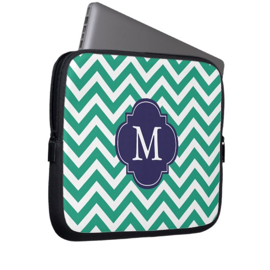 Smarald Green & Blue Zigzags-Muster Monogram Laptopschutzhülle (Vorne Rechts)