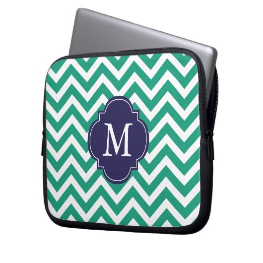 Smarald Green & Blue Zigzags-Muster Monogram Laptopschutzhülle (Vorderseite Links)