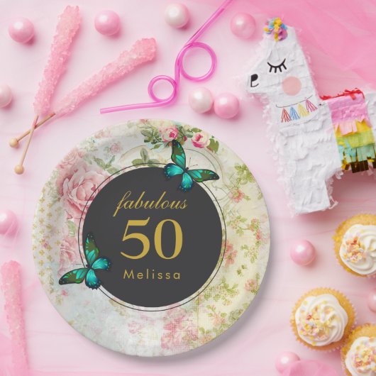 Smarald Green Butterfliegen auf Shabby Pattern Pappteller (Party)