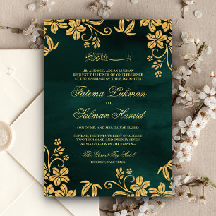 Smarald Green Gold Floral Islamische Hochzeit Einladung