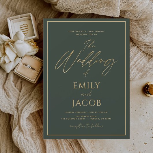 Smarald Green Gold Wedding Modernes Script Einladung