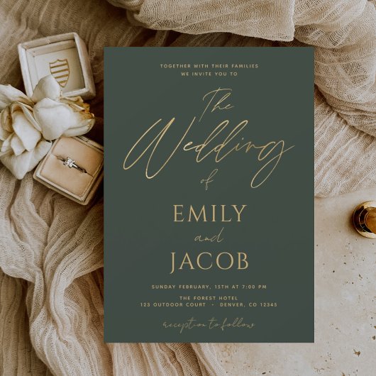 Smarald Green Gold Wedding Modernes Script Einladung