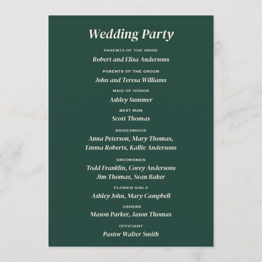 Smarald Green Mountain Pine Rustikale Hochzeit Programm (Rückseite)