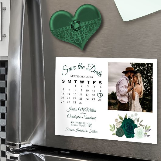 Smarald Green Rose Kalender & Foto Save the Date Magneteinladung