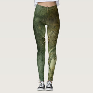 Smarald Green Rustic Steampunk Clock (5) Leggings