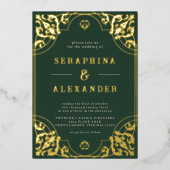 Smarald Green und Gold | Elegante Vintage Wedding Folieneinladung (Vorderseite)