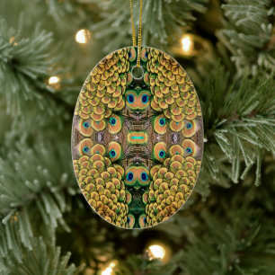 Smarald Green und Gold Peacock Feathers Keramik Ornament