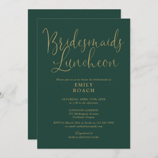 Smarald Green und Gold Script Bridesmaids Luncheon Einladung (Vorne/Hinten)