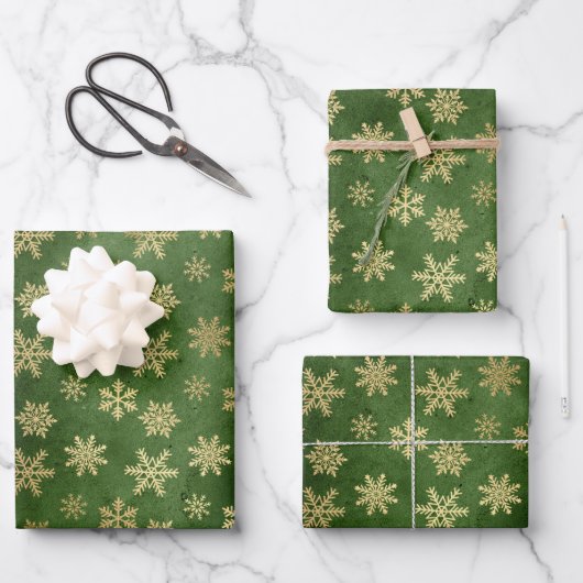 Smarald Green und Gold Snowflakes Weihnachten Geschenkpapier Set (Vorderseite)