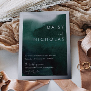 Smarald Green Watercolor Wedding Silver Folieneinladung