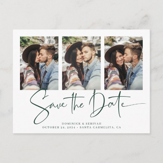 Smarald grüne handgeschriebene Hochzeit speichern Postkarte (Vorderseite)