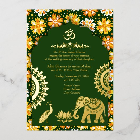 Smarald-Hinteru Pfauenlotus Hochzeitgold-Skript Folieneinladung (Vorderseite)