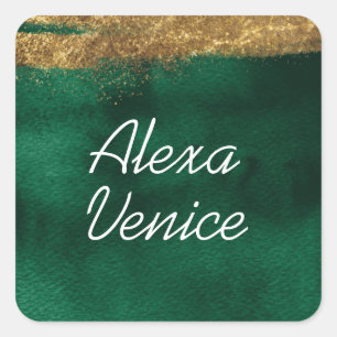 Smarald Watercolor mit Gold Quadratischer Aufkleber