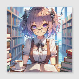 Smart Anime Girl in Library Reading Books Magnetkarte