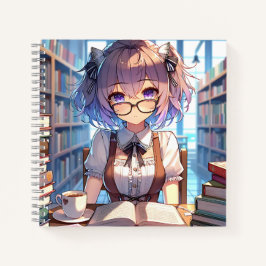 Smart Anime Girl in Library Reading Books Notizblock
