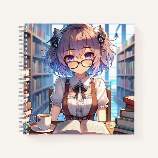 Smart Anime Girl in Library Reading Books Notizblock (Vorderseite)
