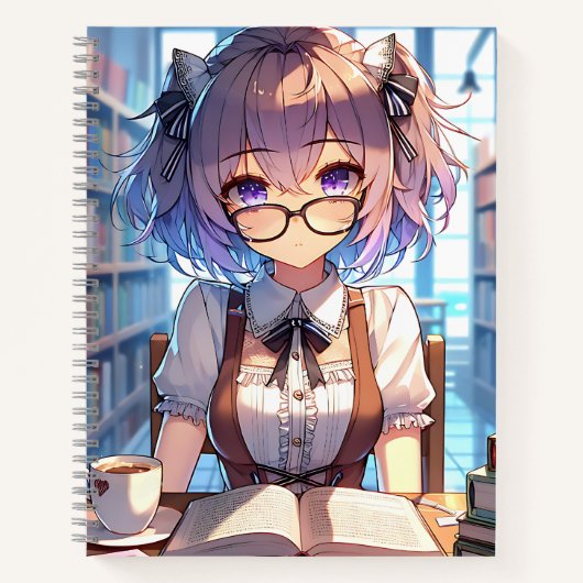 Smart Anime Girl in Library Reading Books Notizblock (Vorderseite)