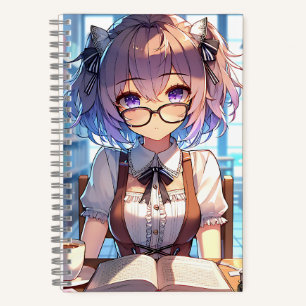 Smart Anime Girl in Library Reading Books Notizblock
