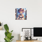 Smart Anime Girl in Library Reading Books Poster (Heimbüro)