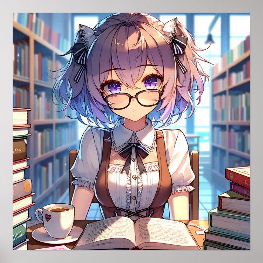 Smart Anime Girl in Library Reading Books Poster (Vorne)